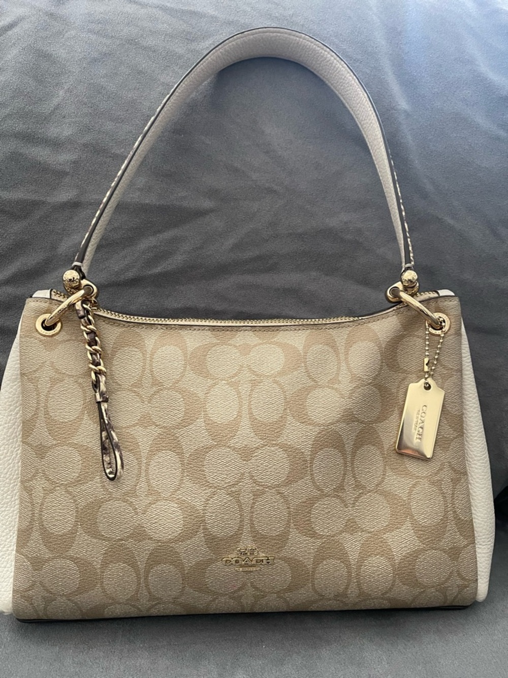 Coach Beige and Chalk Signature Shoulder Bag with Gold Hardware